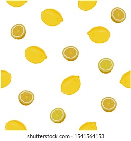 Seamless lemons, whole and cut in half. Isolated objects on a white background. For textile design.