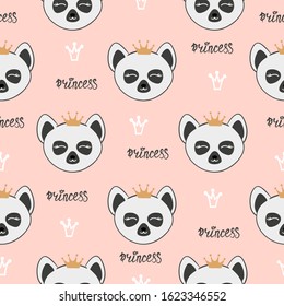 Seamless lemur princess pattern. Baby print with cute animals.