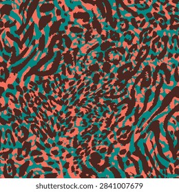 Seamless leopard animal print pattern featuring natural irregular spots in warm brown, tan, beige and black tones. Wild and elegant animal skin inspired texture, ideal for fashion, clothing, textile, fabric, wallpaper, packaging, backgrounds, surface design and decorative graphic projects.