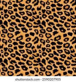 Seamless leopard, cheetah pattern, cat spots on yellow background, realistic vector texture, leopard fashion design