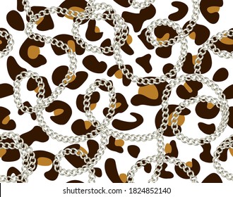 Seamless leopard design with silver realistic chains pattern vector. Seamless cheetah vector pattern. Trendy fashion print