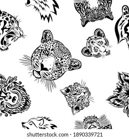 seamless leopard face pattern. Animal faces background. Vector illustration
