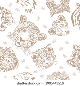 seamless leopard face pattern. Animal faces background. Vector illustration