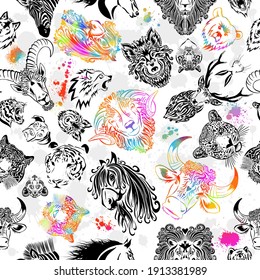 seamless leopard face pattern. Animal faces background. Multi-colored drawing. Mixed media. Vector illustration