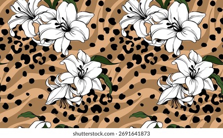 Nahtloses Leoparden- und Blumenmuster. Blumenmuster.