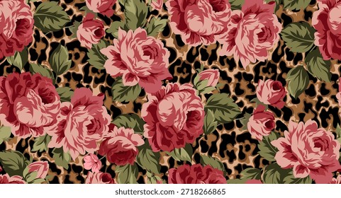 Leopardo sem costura e padrão de flor. Padrão floral.