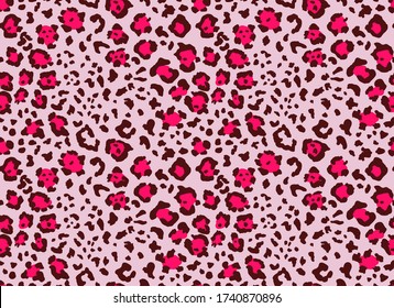 Seamless leopard fur pattern. Fashionable wild leopard print background. Modern panther animal fabric textile print design. Stylish vector light pink grey black purple magenta illustration