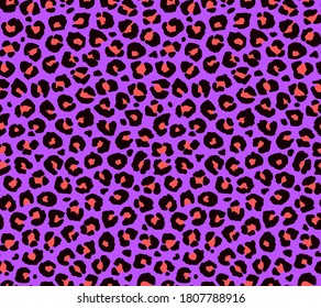 Seamless leopard fur pattern. Fashionable wild leopard print background. Modern panther animal fabric textile print design. Stylish vector violet lilac illustration