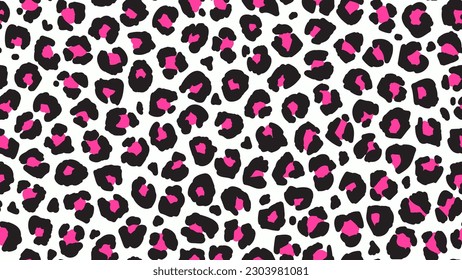 Seamless leopard fur pattern. Fashionable wild leopard print background. Modern panther animal fabric textile print design. Stylish vector black and pink illustration