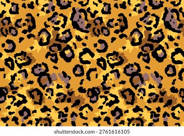 Seamless leopard fur pattern. Fashionable yellow, ocher wild leopard print background. Modern panther animal fabric textile print design. Stylish vector color illustration