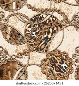 Seamless leopard fur skin pattern with hand drawn gold chain ornament art abstract wild african animal skin background elements in brown and black colors