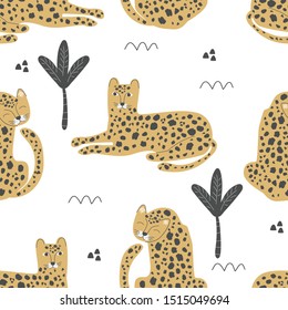 Seamless leopard and palm pattern. Vector illustration for printing on holiday products, packaging paper, postcards, clothing, fabric. Cute baby background.  