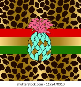 Seamless Leopard Pattern. Animal Skin Grunge Texture With Blue And Pink Pineapple. Giraffe Gradient Background. Vector Illustration.