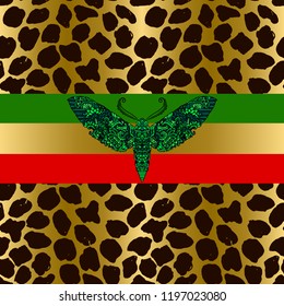 Seamless leopard pattern. Animal skin grunge texture with blue moth. Giraffe gradient background. Vector illustration.