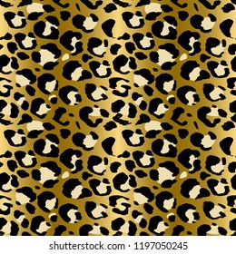 Seamless leopard pattern. Animal skin grunge texture. Gold gradient background. Vector illustration.