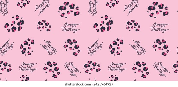 Patrón de leopardo sin costuras con texto de felicitación de cumpleaños. Textura de patrón de leopardo rosa.