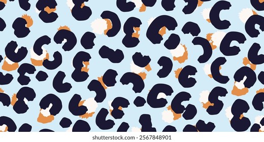 Seamless leopard pattern with bold black spots on a soft, light  blue background. Ideal for textile design, fashion, packaging, wild animal prints