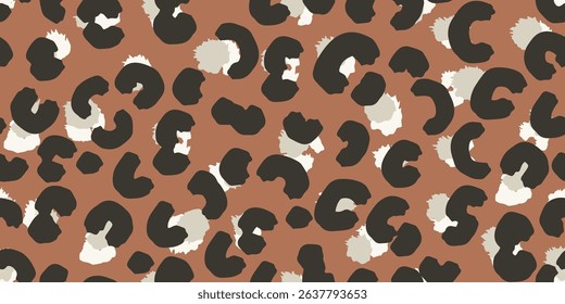 Seamless leopard pattern with bold black spots and beige accents on a warm brown background. Ideal for textile design, fashion, packaging, and digital projects inspired by wild animal prints