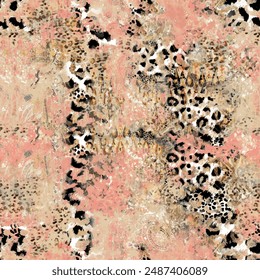 Seamless leopard pattern with grunge textured abstract wild animal background elements in brown, black and white