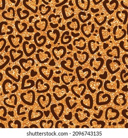 Seamless Leopard Pattern, Heart Shaped Figures, Vector Design Background