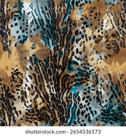 Seamless leopard pattern with isolated abstract leopard and tiger skin background elements in brown, blue and black colors