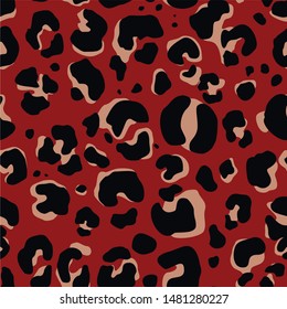 Seamless leopard pattern modern.Black and brown spots on red background.Print on fabric on paper.Vector