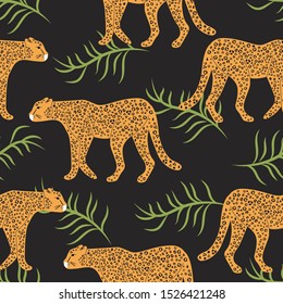 Seamless Leopard pattern on black background. Vector illustration, with the image of an animal, for printing on t-shirts, postcards, pictures, fabric, dishes, packaging paper. Cute children background