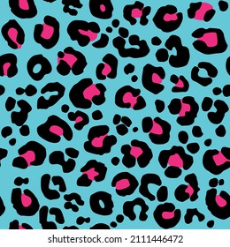 Seamless leopard pattern with pink spots on blue background.