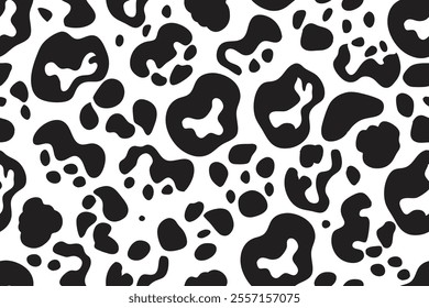 Seamless leopard pattern with playful and abstract spots in a modern black and white vector style. Minimal and creative, ideal for contemporary fashion, textile prints, and animal-inspired backgrounds
