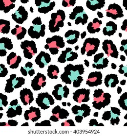 Seamless leopard pattern. Vector. Green, coral and black