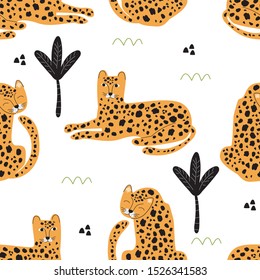 Seamless Leopard pattern. Vector illustration, with the image of an animal, for printing on t-shirts, postcards, pictures, fabric, dishes, packaging paper. Cute children background.