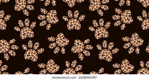 seamless leopard paw print pattern on black background – wild animal footprint vector for fashion design, pet apparel, textile, wrapping paper and decoration