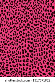 Seamless leopard print pattern with black spots on bright pink colored background. Punk rock fashion animal print vector pattern.