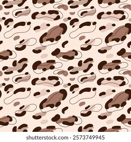 Seamless leopard print pattern with brown shapes and dark accents for textiles, and fashion applications. Aesthetic elegant dynamic background for apparel, room decor, tee prints, fabric, wrapping