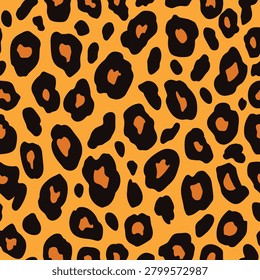 Seamless leopard print pattern. Classic animal skin texture background with black and orange spots on yellow. Vector wild cat fur illustration