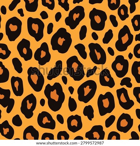 Seamless leopard print pattern. Classic animal skin texture background with black and orange spots on yellow. Vector wild cat fur illustration