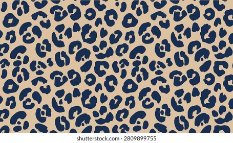 Seamless leopard print pattern with dark navy blue spots on a soft beige background for textile design and wallpaper. Modern and stylish animal skin texture design, fashion, wallpapers, backgrounds.