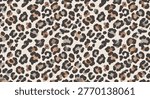 Seamless leopard print pattern featuring organic brown and black spots on a beige background for fashion and textile applications.
