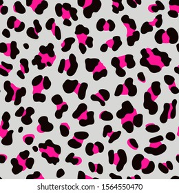 Seamless Leopard Print Pattern with neon pink spots on grey background. Vector illustration animal repeat surface pattern. Punk rock style eighties/80s fashion pattern.