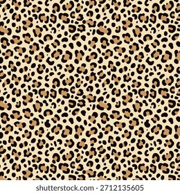 Nahtloses Leopardenmuster mit organischen schwarzen und braunen Flecken auf beigem Hintergrund, ideal für Textildesign, Mode und moderne, tierisch inspirierte Hintergründe.