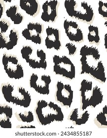 
Patrón de impresión de leopardo sin costuras. Impresión vectorial repetida con puntos negros con acentos beige y puntos sobre un fondo blanco. Ropa textil patrón.
