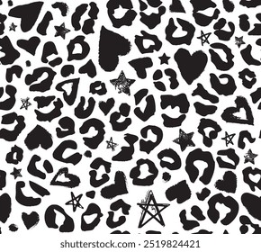 Seamless leopard print pattern. Repeating vector print with black sketched hearts, stars and cheetah spots on a white background. Apparel textile pattern. Hand drawn illustration.