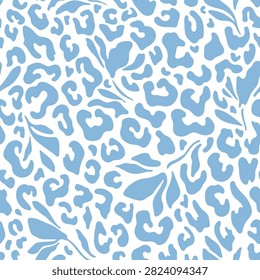 Seamless leopard print pattern in soft blue and white color, tropical exotic style combined with delicate rose floral leaf elements. Modern safari animal skin texture design, perfect for fabric, wallpaper, packaging, textile and fashion print.