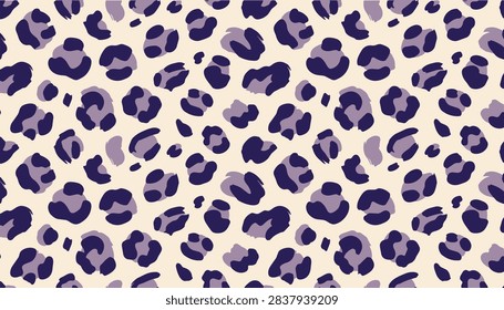 Seamless leopard print pattern in violet and cream, vector trendy animal skin texture for fashion apparel, fabric textile design, decorative wallpaper, website background, or modern banner print.