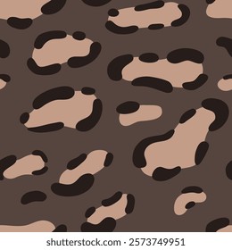 Seamless leopard print pattern with warm brown shades and black accents, perfect for backgrounds, textiles, and fashion applications. This bold and dynamic design exudes a stylish and elegant appeal