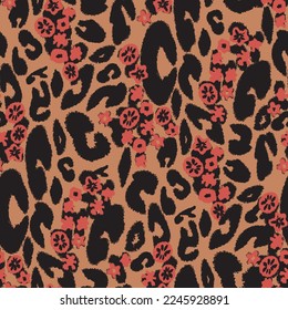 seamless leopard print. Trendy textile vector print. The texture of the animals. Jaguar spots on a beige background. Imitation of cheetah skin painted on clothes or fabric, modern ikat pattern 