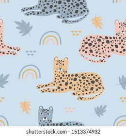 Seamless leopard and rainbow pattern. Vector illustration for printing on holiday products, packaging paper, postcards, clothing, fabric. Cute baby background.