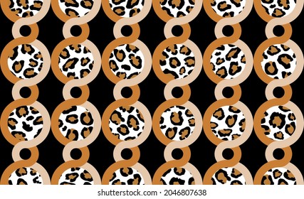 Seamless leopard skin with abstract chain pattern on black. Vector Illustration.