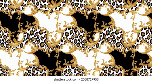Seamless Leopard skin with Baroque Pattern on Black White.Vector Illustration.
