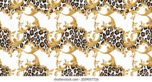 Seamless Leopard skin with Baroque Pattern on Black.Vector Illustration.
